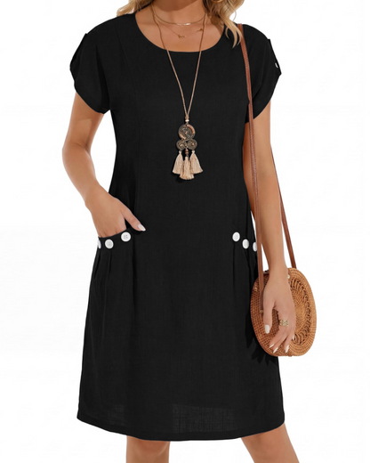 Joyce Robe Lin Femme – Robe Midi A-Line Col Rond Poches Été Décontractée
