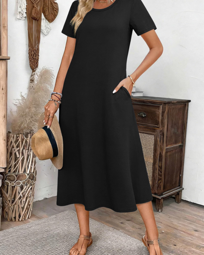 Robe Midi Femme en tissu léger, col rond, coupe ample – Menvelo