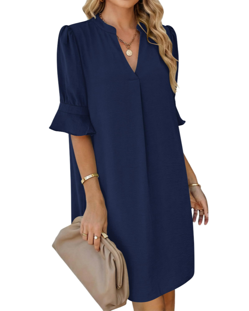 Robe Midi Femme en tissu léger, col V, coupe fluide – Menvelo