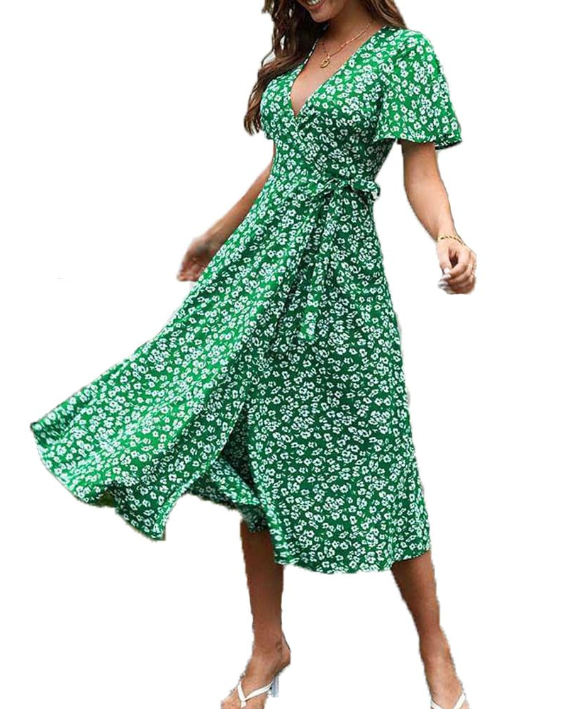 Robe Midi Femme en tissu léger, col V, coupe fluide – Menvelo