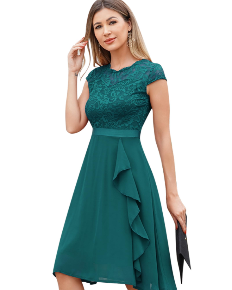 Roxy Robe Cocktail Femme – Robe Dentelle Chiffon Volants Élégante Midi