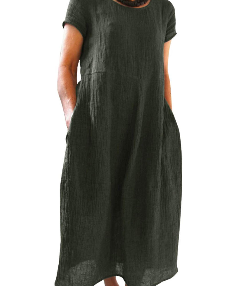 Risa Robe Maxi Femme – Robe Bohème Col Rond Manches Courtes & Poches