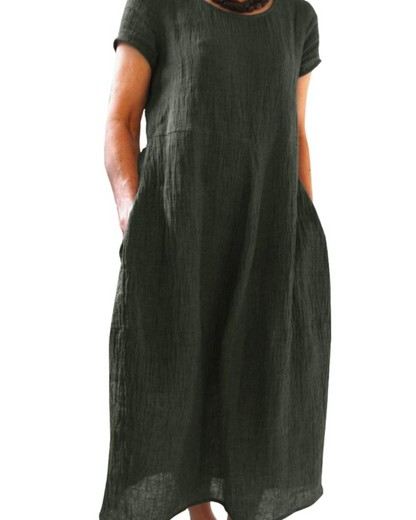 Risa Robe Maxi Femme – Robe Bohème Col Rond Manches Courtes & Poches