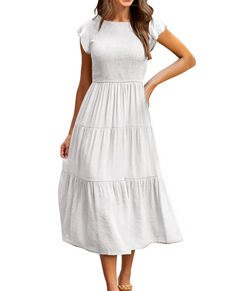 Robe Midi Femme en stretch, à volants, coupe fluide – Menvelo
