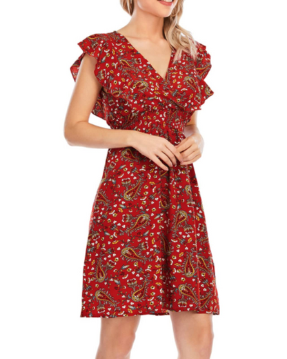 Ada Robe Mini Femme – Mousseline Florale Col V Volants Rouge