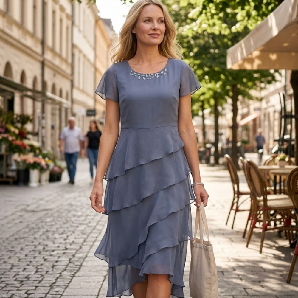 Robe Midi Femme en tissu léger, col rond, coupe fluide – Menvelo