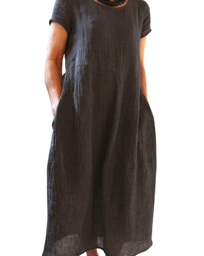 Risa Robe Maxi Femme – Robe Bohème Col Rond Manches Courtes & Poches