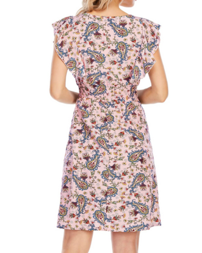 Celeste Robe Mini Femme – Mousseline Florale Col V Volants Rose