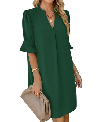 Robe Midi Femme en tissu léger, col V, coupe fluide – Menvelo