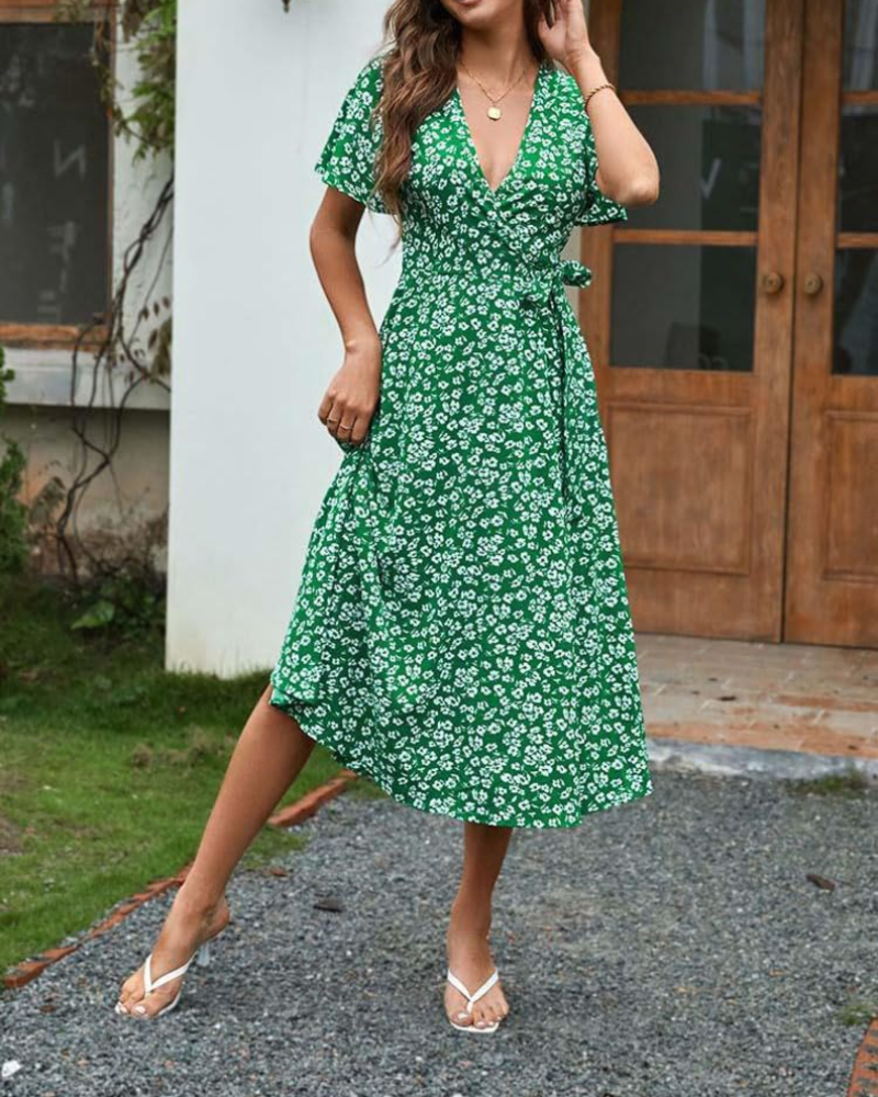 Robe Midi Femme en tissu léger, col V, coupe fluide – Menvelo