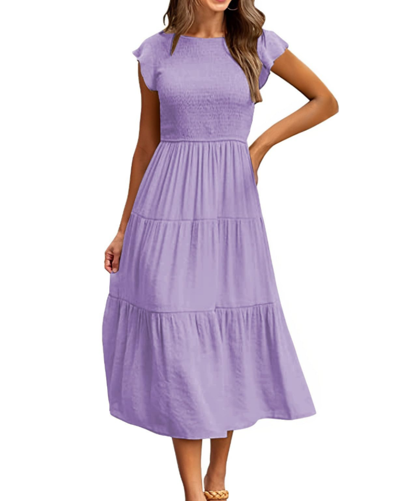 Robe Midi Femme en stretch, à volants, coupe fluide – Menvelo