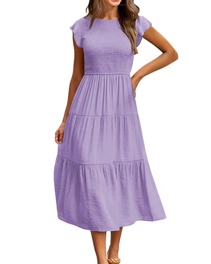 Robe Midi Femme en stretch, à volants, coupe fluide – Menvelo