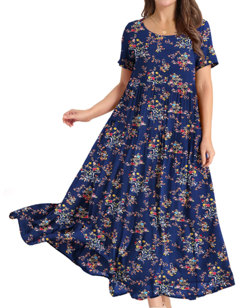 Rina Robe Maxi Femme – Robe Bohème Fleurie Coton Col Rond & Poches Été