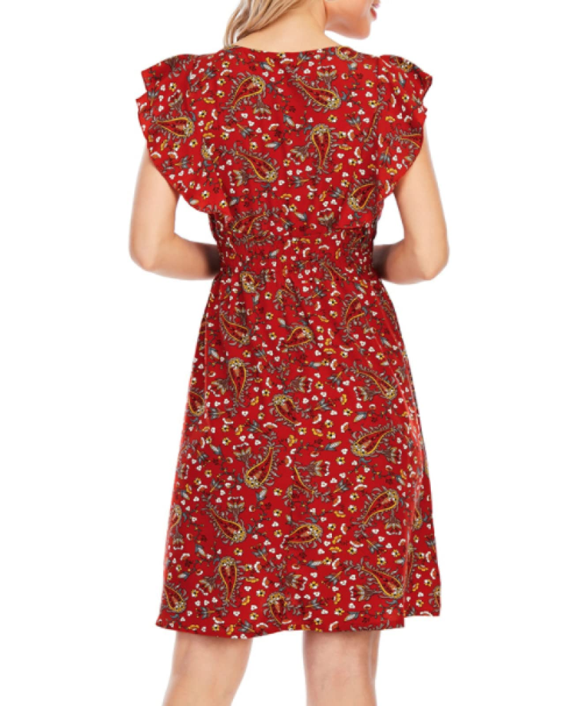 Ada Robe Mini Femme – Mousseline Florale Col V Volants Rouge