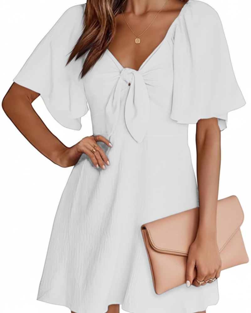 Sloane Robe Mini Femme Été – Col V Profond Manches Courtes & Nœud