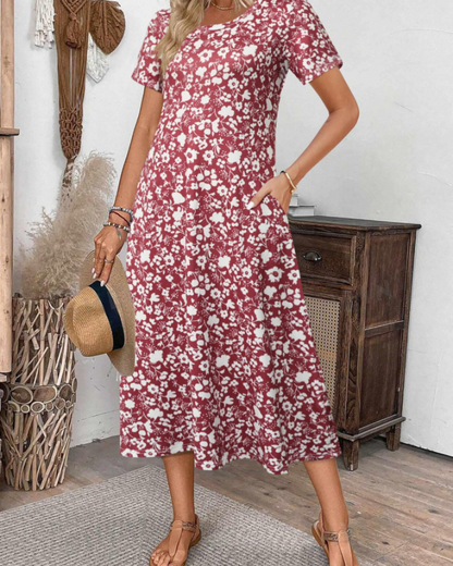 Robe Midi Femme en tissu léger, col rond, coupe ample – Menvelo