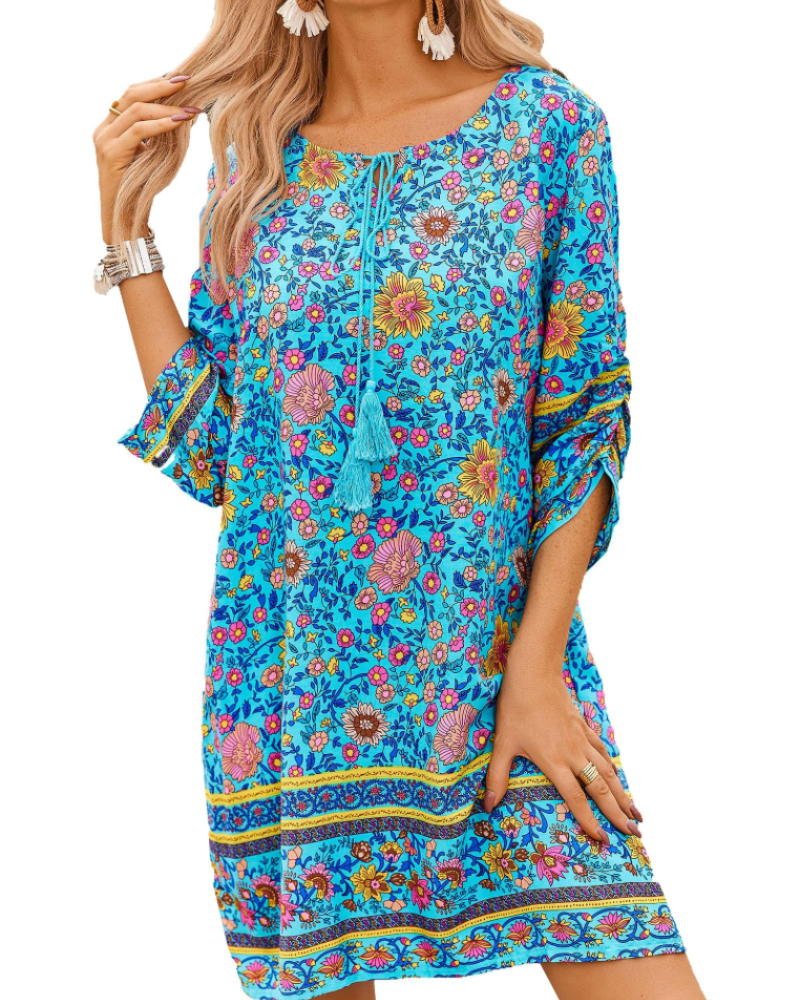 Mara Tunique Femme Été – Florale Bohème Manches 3/4 & Nœud