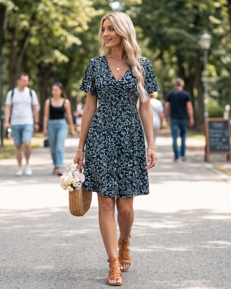 Robe Midi Femme en tissu léger, col V, coupe fluide – Menvelo
