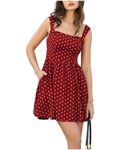 Clara Robe Mini Femme Été – À Pois Col Carré Bretelles Larges