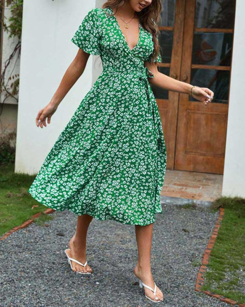 Robe Midi Femme en tissu léger, col V, coupe fluide – Menvelo
