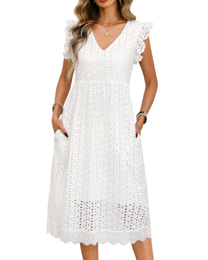 Robe Midi Femme en coton, col V, coupe confortable – Menvelo
