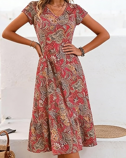 Robe Midi Femme en tissu léger, col V, coupe fluide – Menvelo