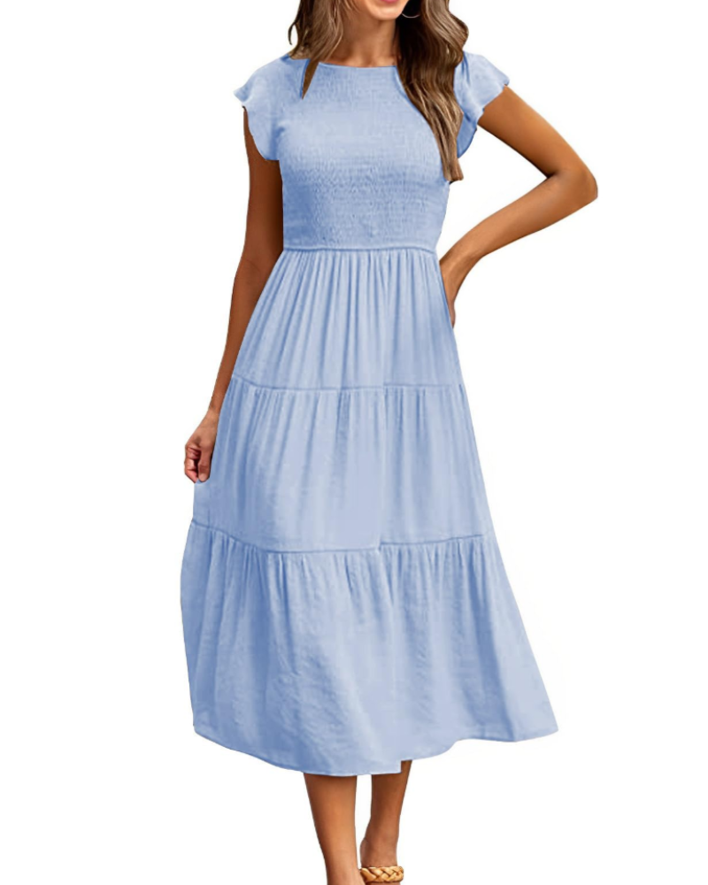 Robe Midi Femme en stretch, à volants, coupe fluide – Menvelo