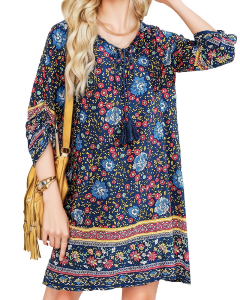 Mara Tunique Femme Été – Florale Bohème Manches 3/4 & Nœud