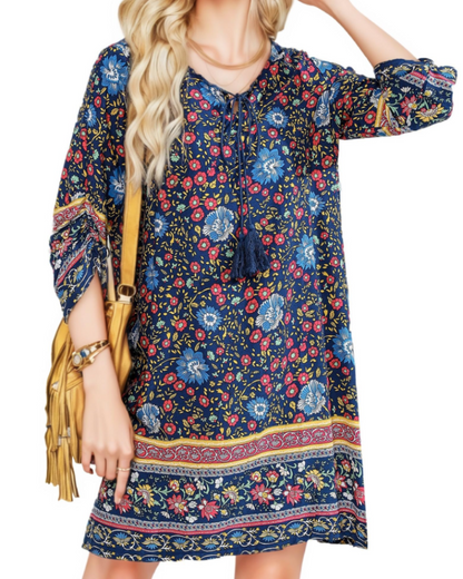 Mara Tunique Femme Été – Florale Bohème Manches 3/4 & Nœud