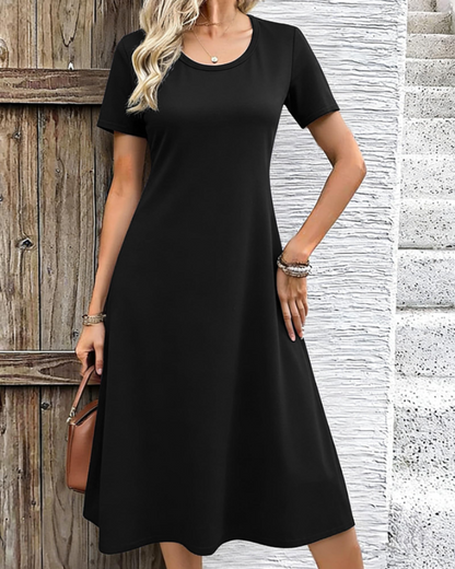 Robe Midi Femme en tissu léger, col rond, coupe ample – Menvelo