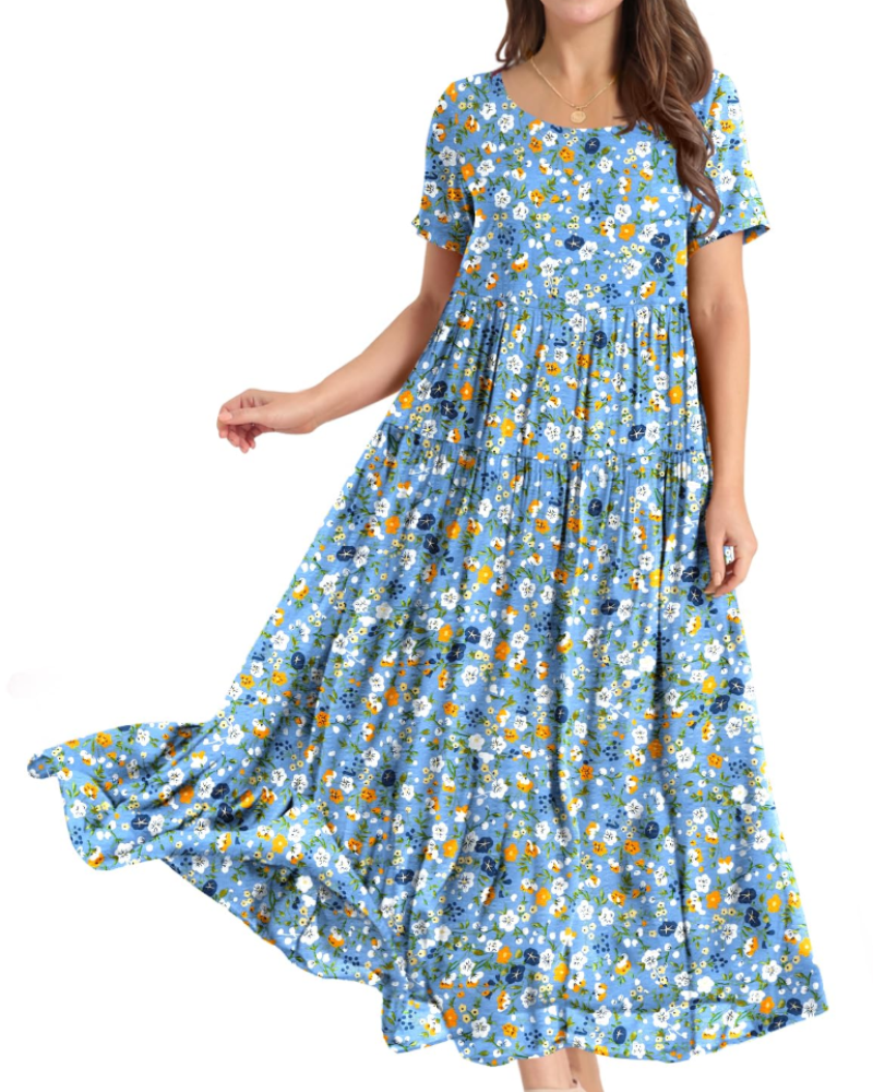 Rina Robe Maxi Femme – Robe Bohème Fleurie Coton Col Rond & Poches Été