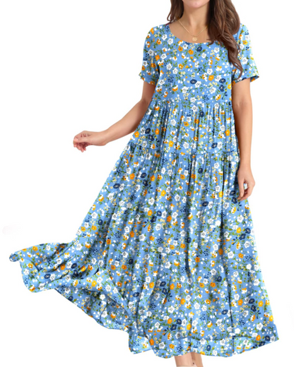 Rina Robe Maxi Femme – Robe Bohème Fleurie Coton Col Rond & Poches Été