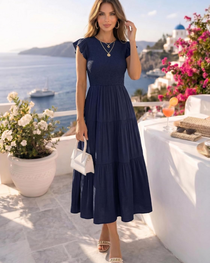 Robe Midi Femme en stretch, à volants, coupe fluide – Menvelo