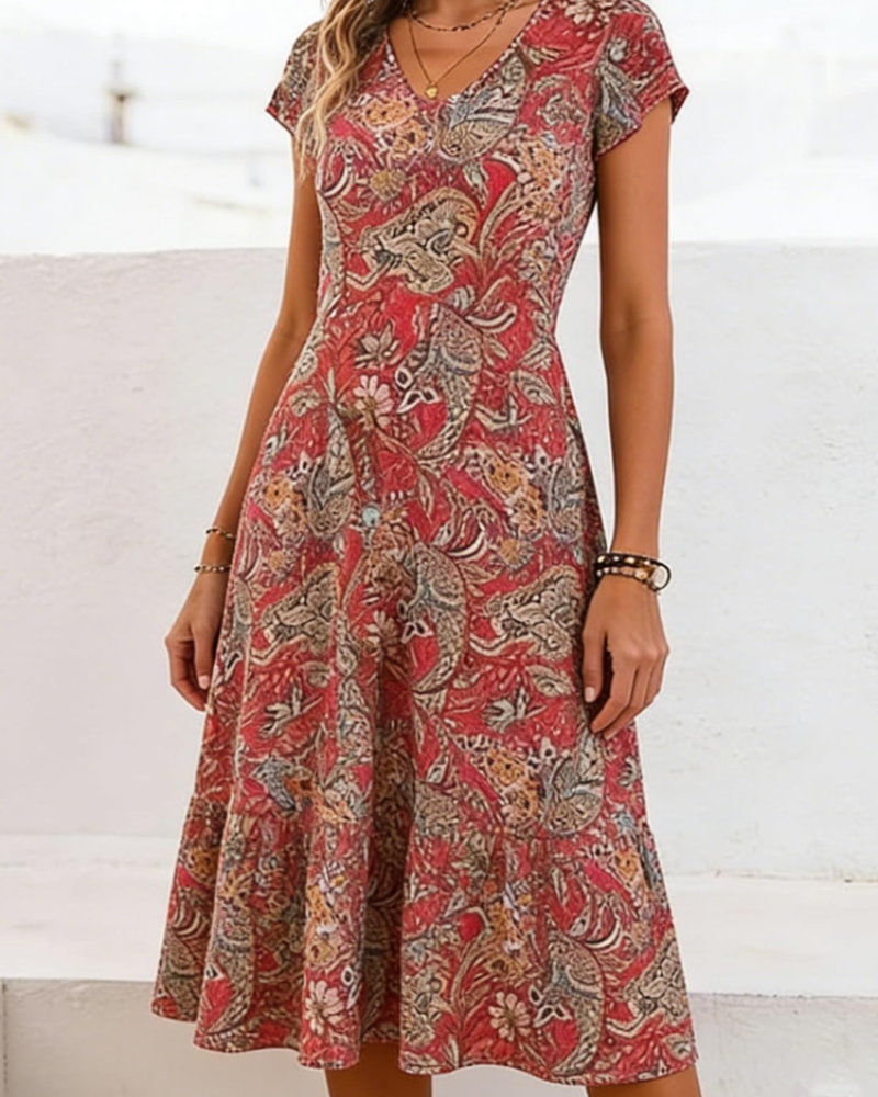 Robe Midi Femme en tissu léger, col V, coupe fluide – Menvelo