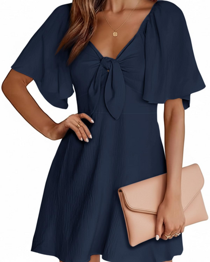 Sloane Robe Mini Femme Été – Col V Profond Manches Courtes & Nœud