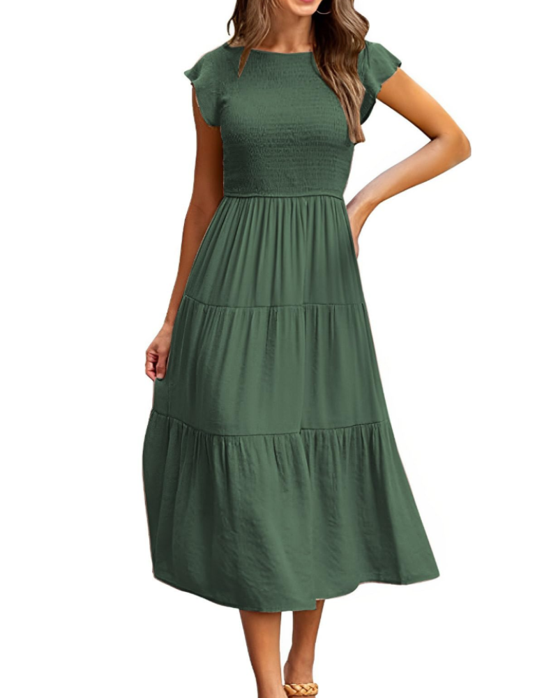 Robe Midi Femme en stretch, à volants, coupe fluide – Menvelo