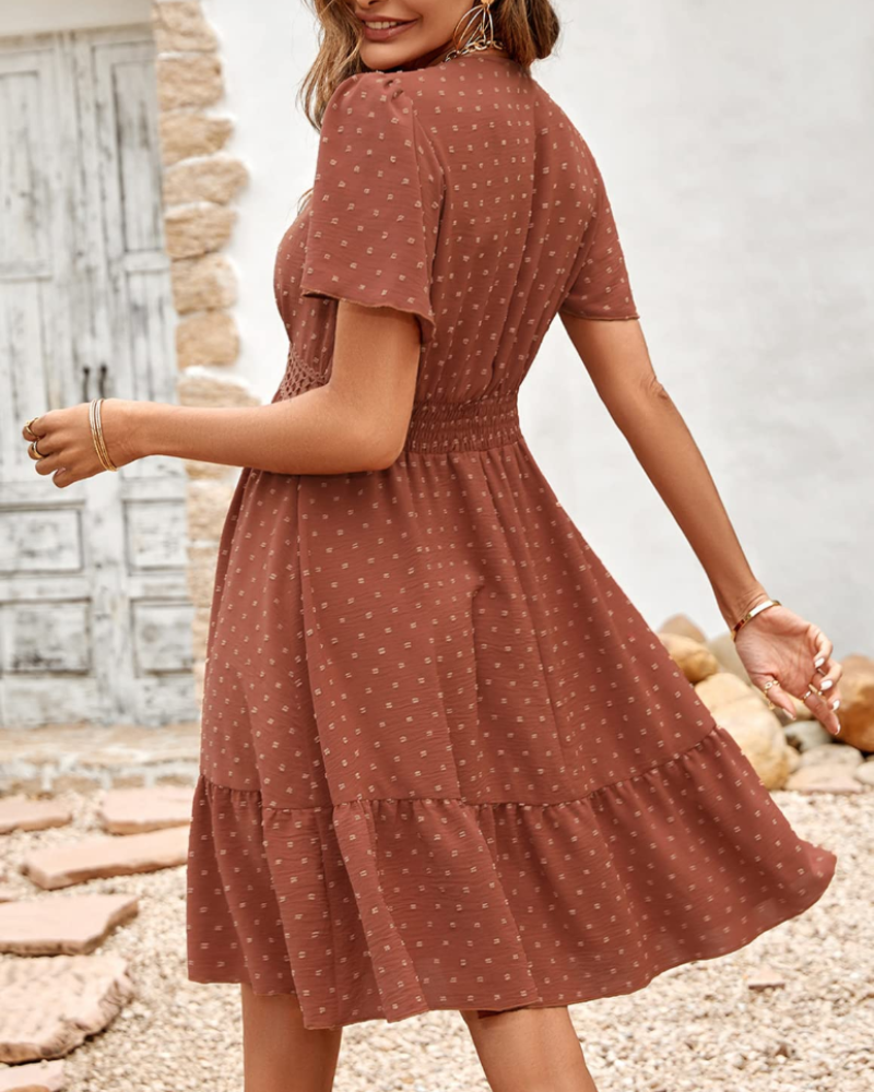 Robe Mini Femme en tissu léger, col V, coupe fluide – Menvelo