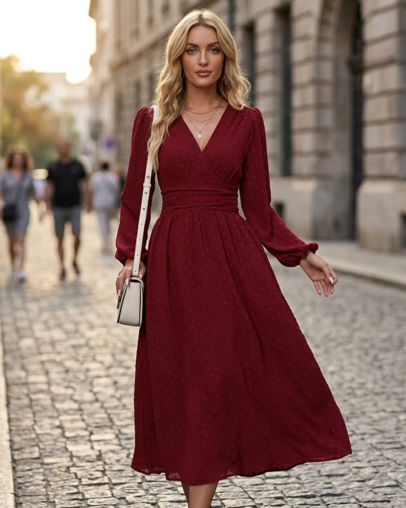 Robe Midi Femme en tissu léger, col V, coupe fluide – Menvelo