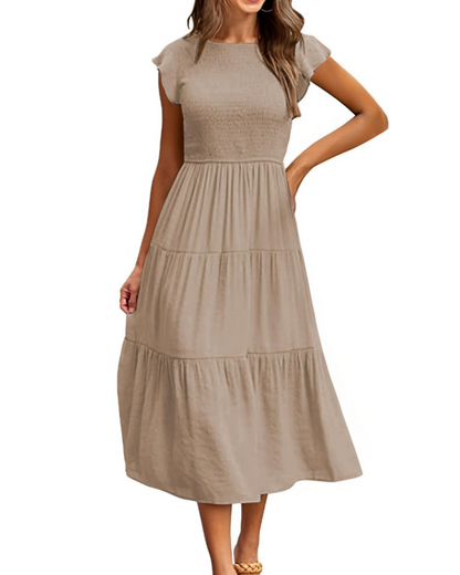 Robe Midi Femme en stretch, à volants, coupe fluide – Menvelo