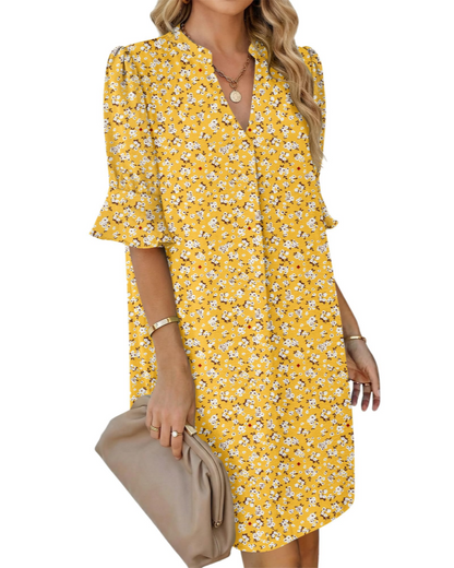 Robe Midi Femme en tissu léger, col V, coupe fluide – Menvelo