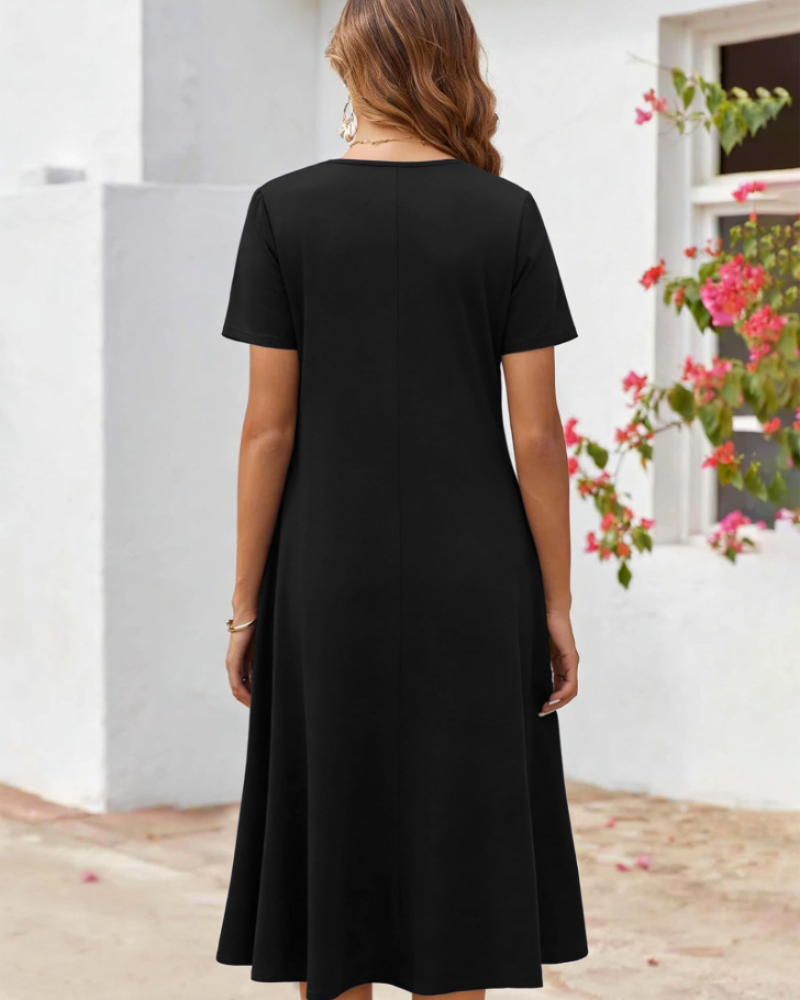 Robe Midi Femme en tissu léger, col rond, coupe ample – Menvelo