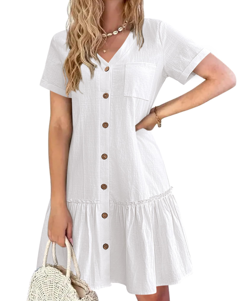 Robe Midi Femme en lin, col V, coupe fluide – Menvelo