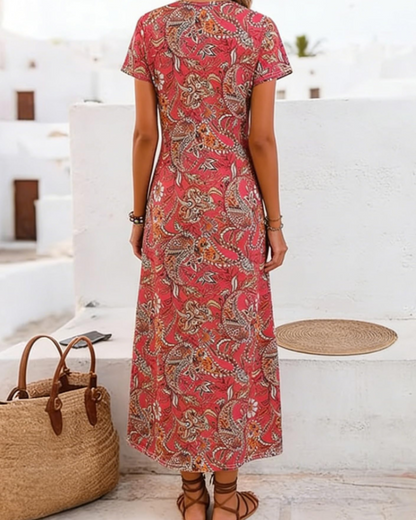 Robe Midi Femme en tissu léger, col V, coupe fluide – Menvelo
