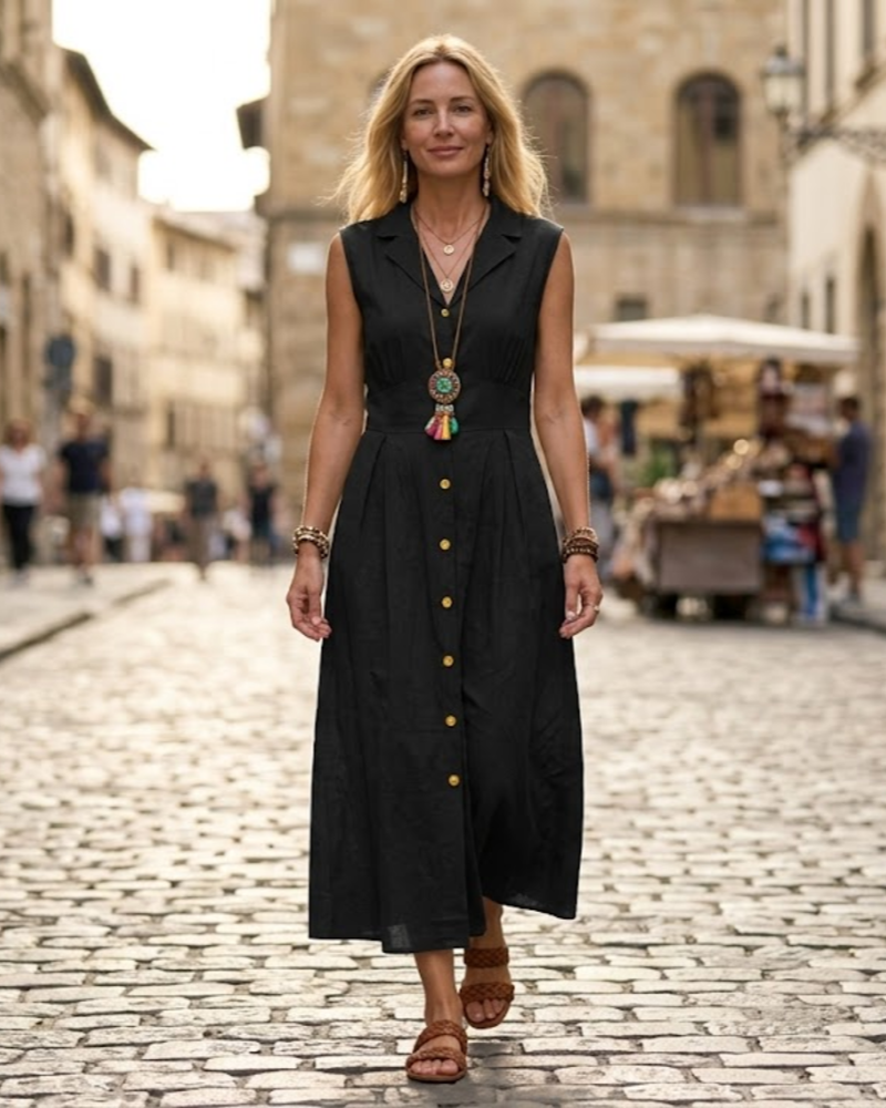 Robe Midi Femme en lin, sans manches, coupe fluide – Menvelo