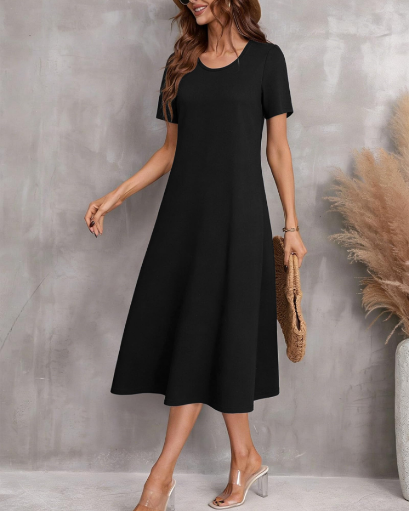Robe Midi Femme en tissu léger, col rond, coupe ample – Menvelo