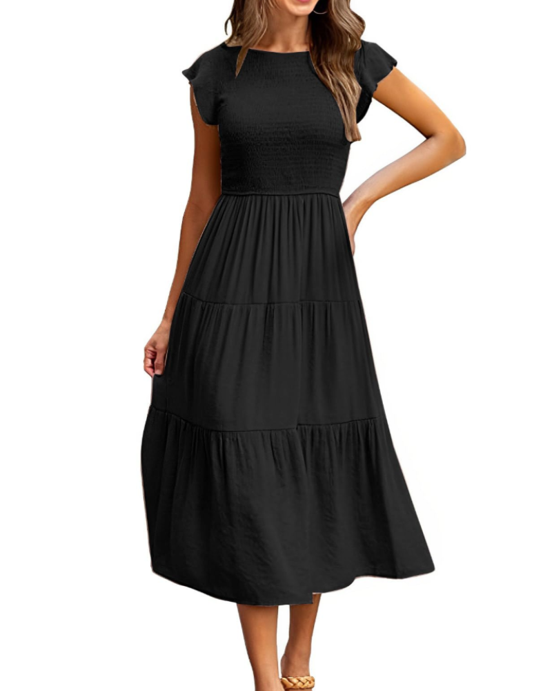 Robe Midi Femme en stretch, à volants, coupe fluide – Menvelo