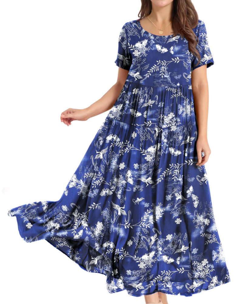 Rina Robe Maxi Femme – Robe Bohème Fleurie Coton Col Rond & Poches Été
