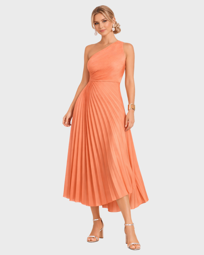 Naia Robe Femme Midi Asymétrique – Plissée Élégante & Coupe Taille Marquée