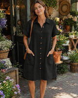 Menvelo Robe Midi Femme Col V Coupe Fluide Boutonnée