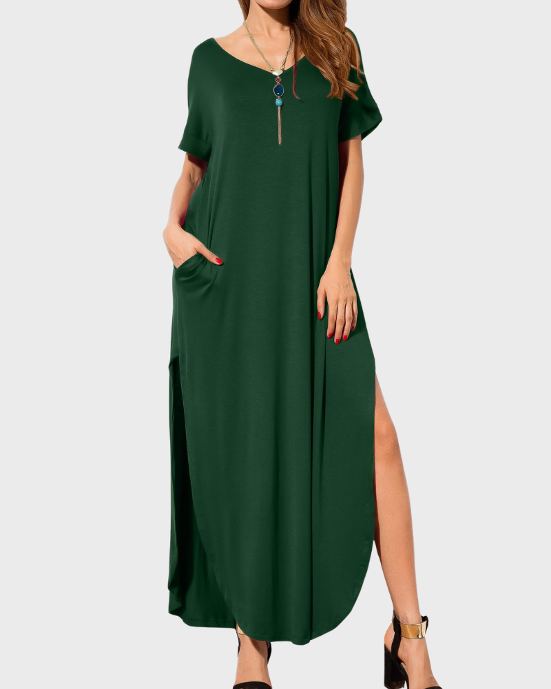 Rosenda Robe Maxi Femme – Col V Manches Courtes, Coupe Fluide & Fente avec Poches Été